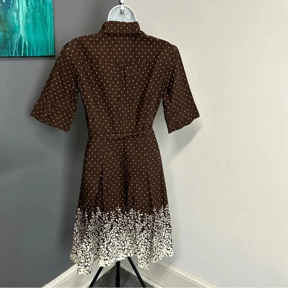 Women 8P Brown Polka Dot Floral Dress Pleated‎ Tie Sash Classic Dainty Pin Up - Picture 8 of 16